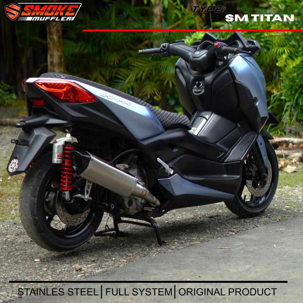 Shock absorbers for the XMAX scooter with the original "Smoke Muffler" exhaust.